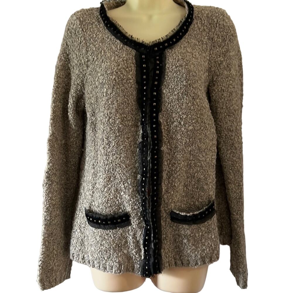 LouLou Tan Boucle Cardigan Sweater with Embellishments Size Small Y2K